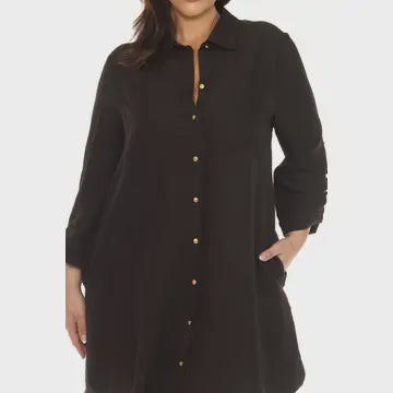 V Neck Button Down Dress W 3/4 Sleeves