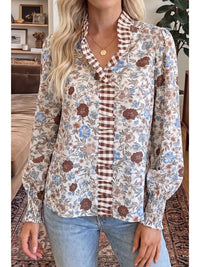Plaid Frilled Trim Floral Mock Neck Blouse