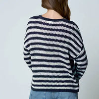 Stripe Raw Edge Split Neck Sheer Knit Sweater