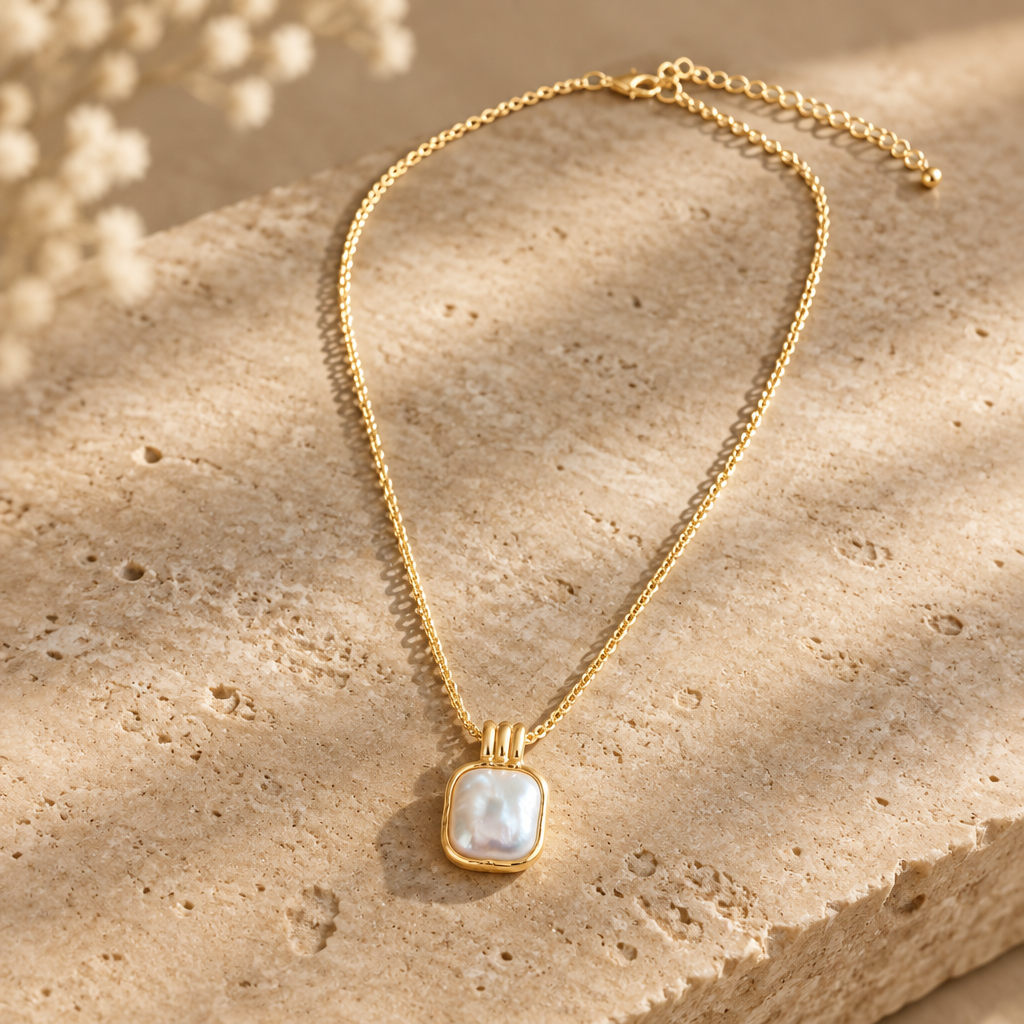 Sq. Pearl Pendant Necklace