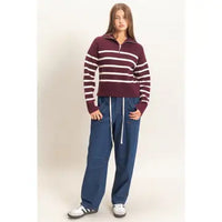 Half-Zip Collared Stripe Sweater