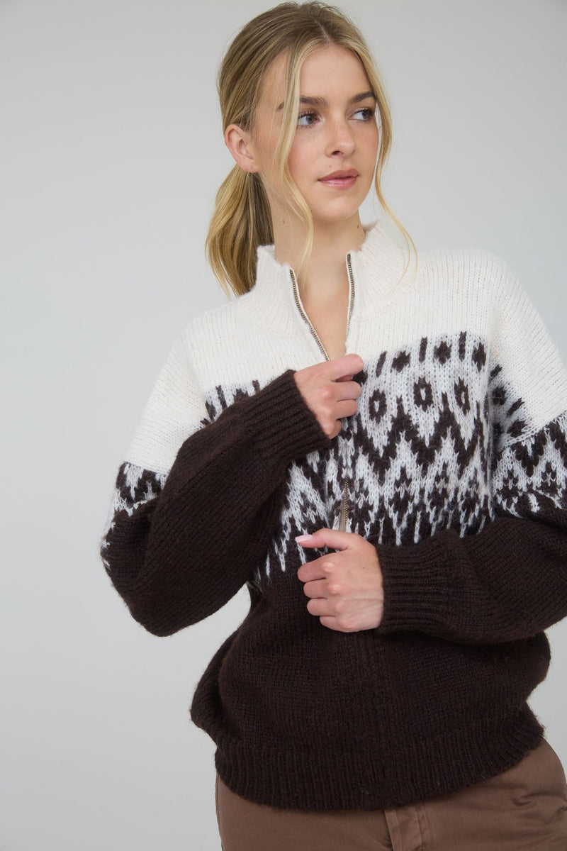 Fair Isle Half Zip Knit Pullover Sweater - Chandeliers Boutique ny