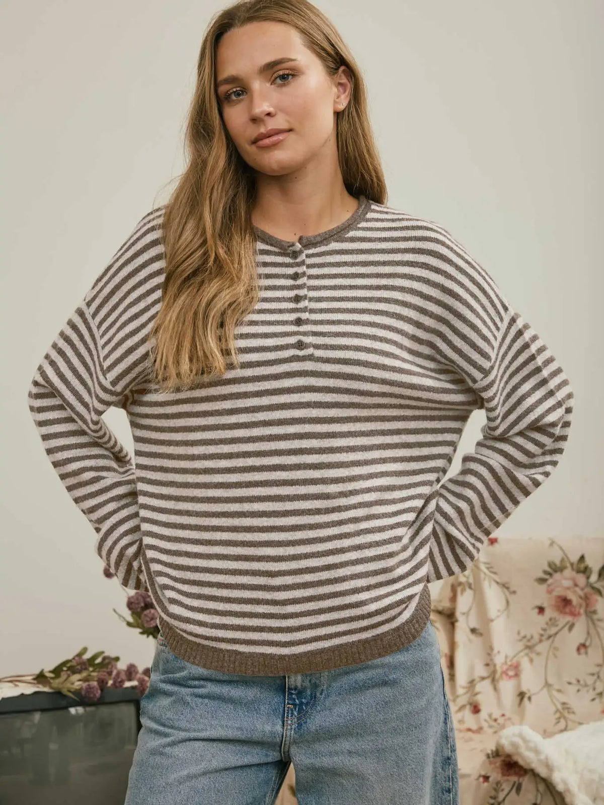 Button Henley Stripe Drop Shoulder Sweater