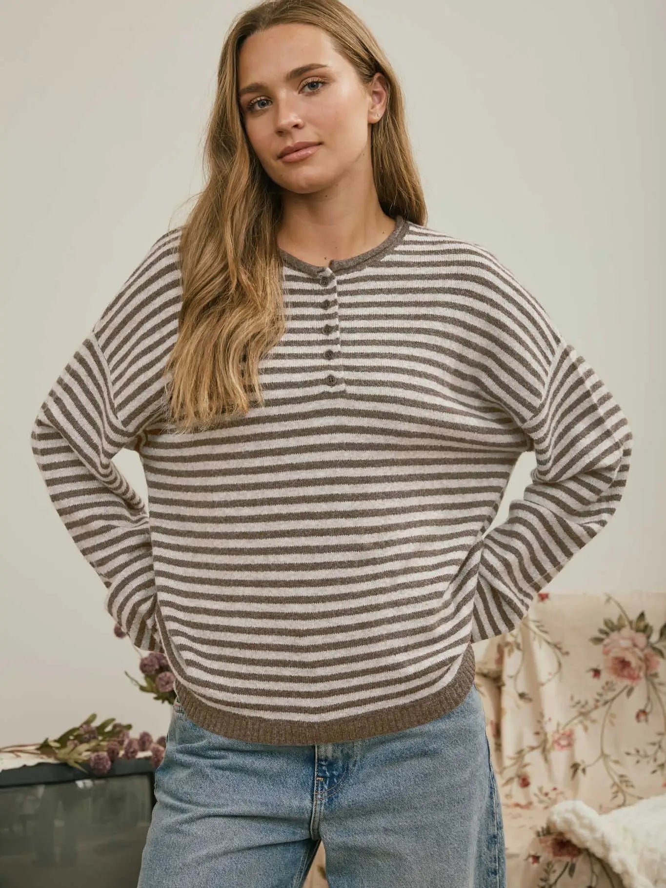 Button Henley Stripe Drop Shoulder Sweater