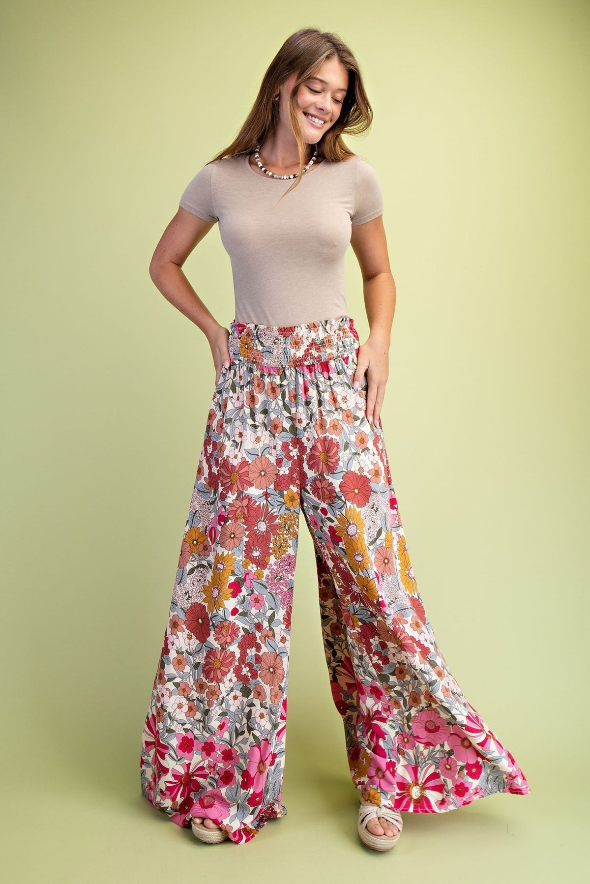 Flare Wide And Waist Smocked Long Pants - Chandeliers Boutique ny