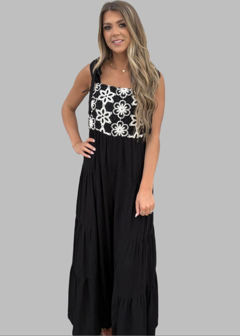 Floral Embroid Tiered Leg Jumpsuit - Chandeliers Boutique ny