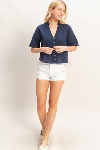 Floral Eyelet Mandarin Collar Top - Chandeliers Boutique ny