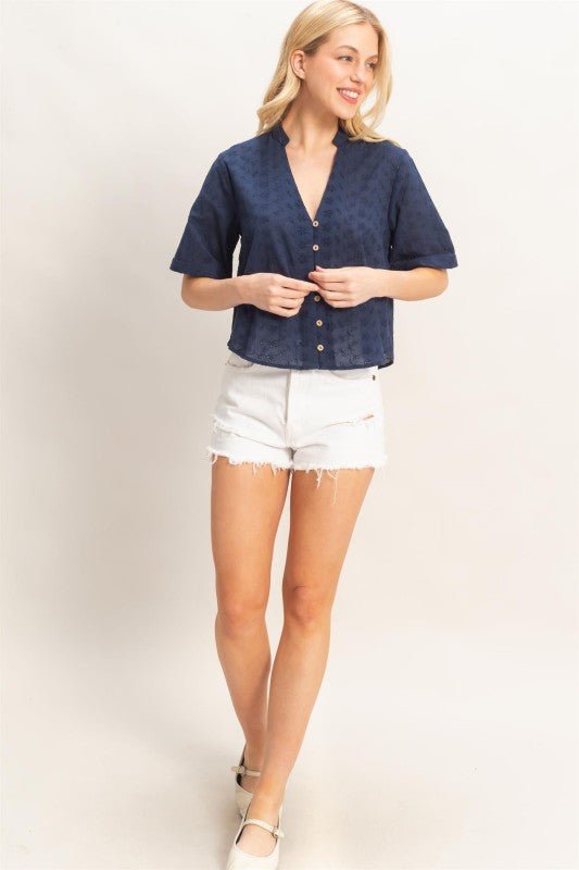 Floral Eyelet Mandarin Collar Top - Chandeliers Boutique ny