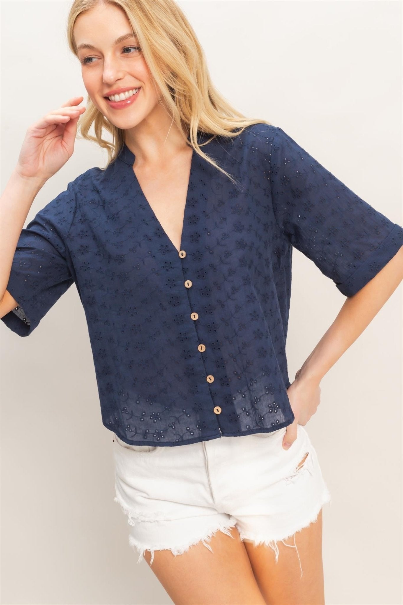 Floral Eyelet Mandarin Collar Top - Chandeliers Boutique ny