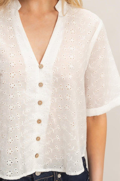 Floral Eyelet Mandarin Collar Top - Chandeliers Boutique ny