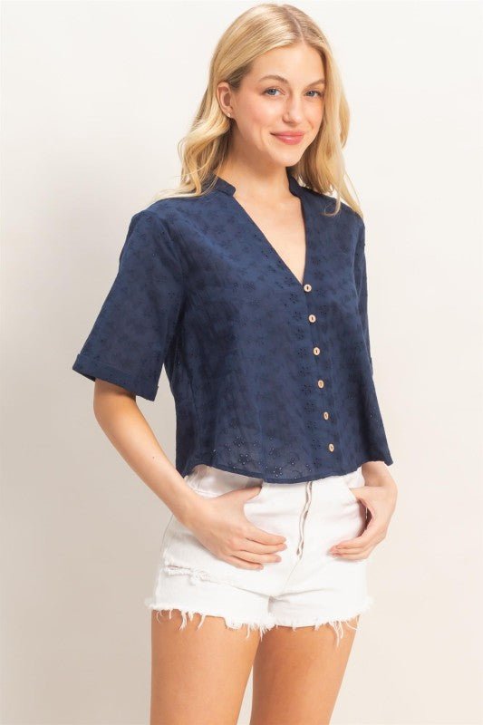 Floral Eyelet Mandarin Collar Top - Chandeliers Boutique ny