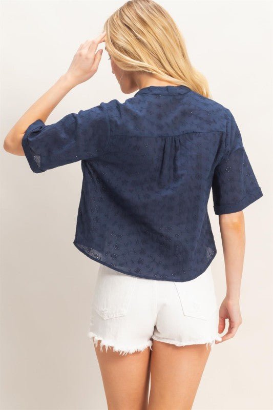 Floral Eyelet Mandarin Collar Top - Chandeliers Boutique ny