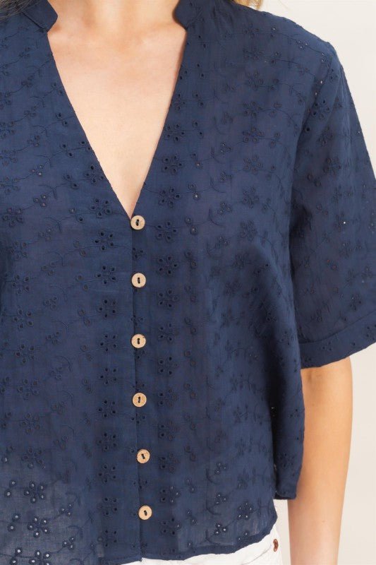 Floral Eyelet Mandarin Collar Top - Chandeliers Boutique ny