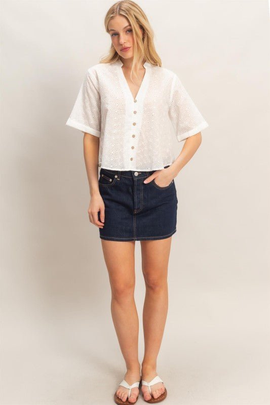 Floral Eyelet Mandarin Collar Top - Chandeliers Boutique ny