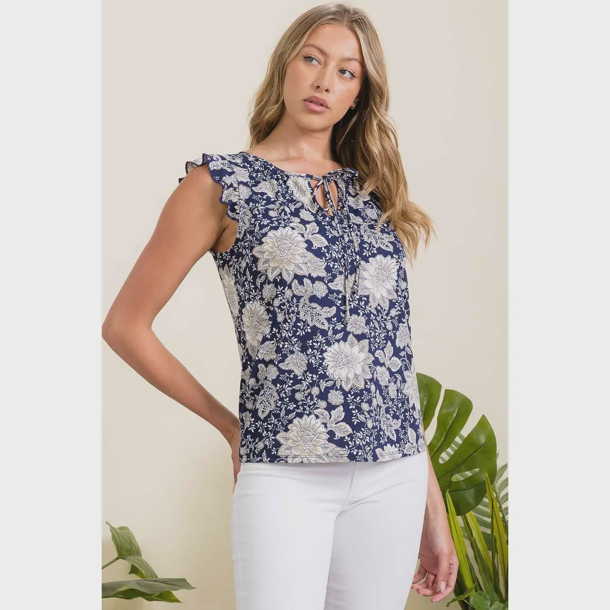 Floral Ity Tie Keyhole Ruffle Tank - Chandeliers Boutique ny