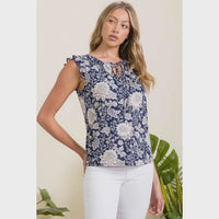 Floral Ity Tie Keyhole Ruffle Tank - Chandeliers Boutique ny