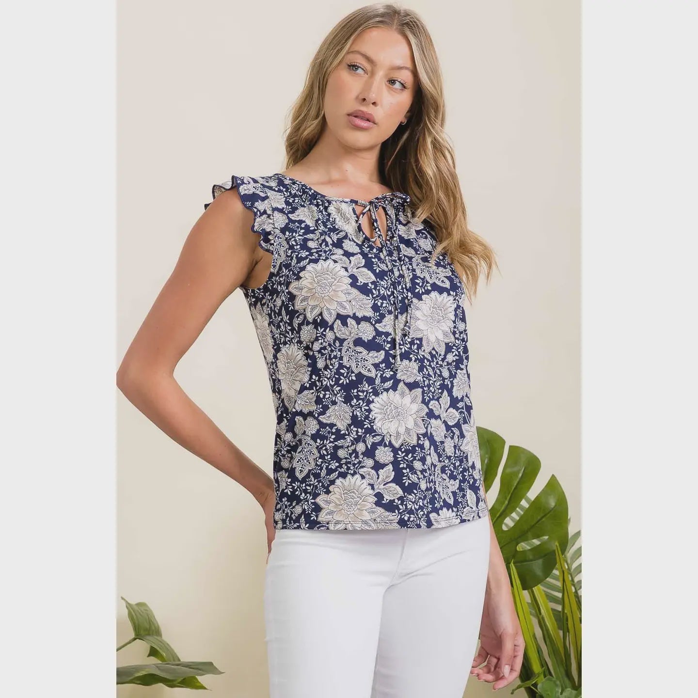 Floral Ity Tie Keyhole Ruffle Tank - Chandeliers Boutique ny