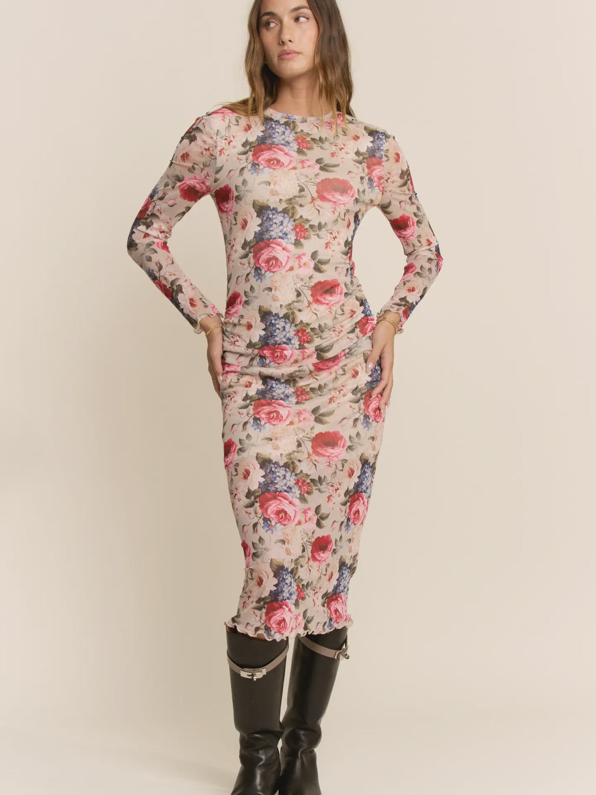 Floral Long Sleeve Mesh Midi Dress - Chandeliers Boutique ny