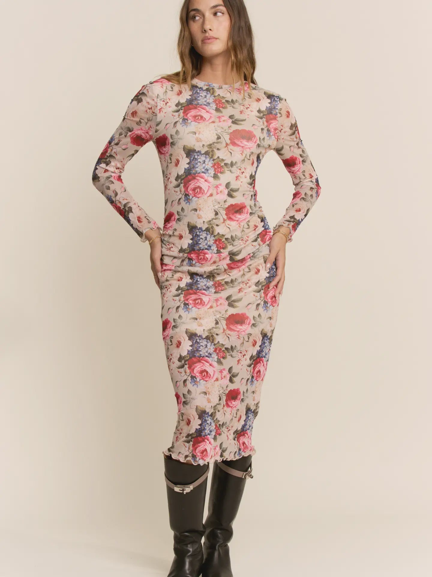 Floral Long Sleeve Mesh Midi Dress - Chandeliers Boutique ny