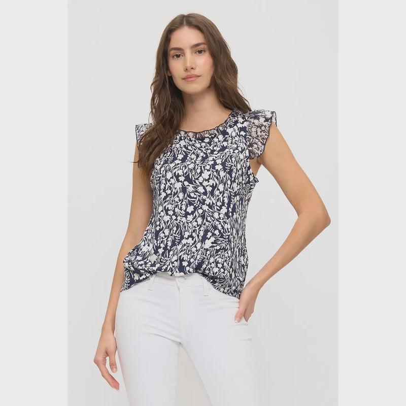 Floral Mixed Media Ruffle Detail Tank - Chandeliers Boutique ny