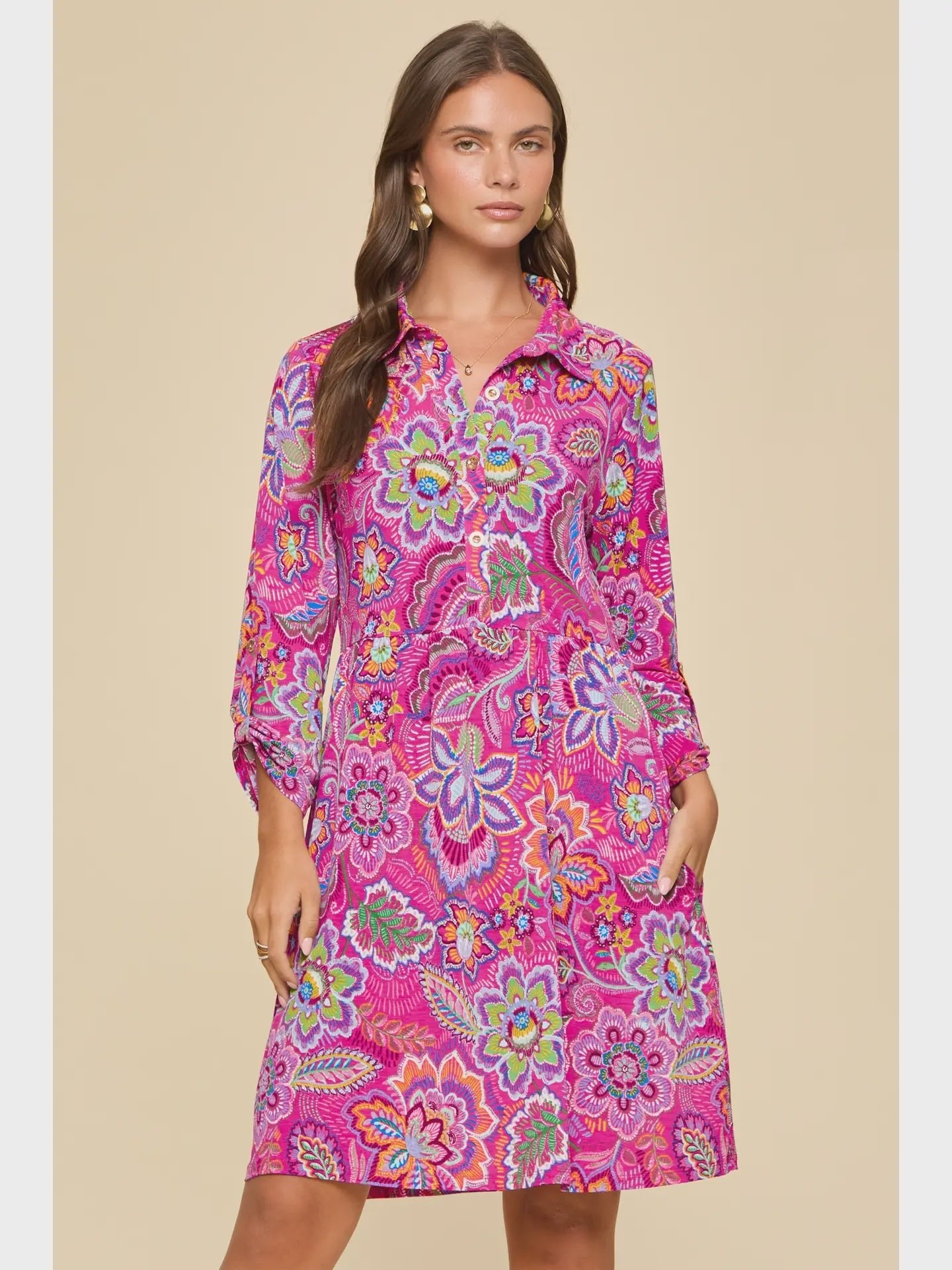 Floral Print Collared Shirt Dress w/ Pocket - Chandeliers Boutique ny