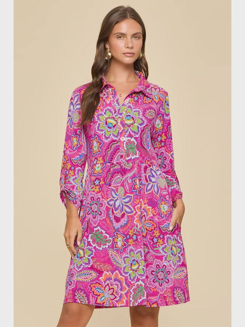 Floral Print Collared Shirt Dress w/ Pocket - Chandeliers Boutique ny