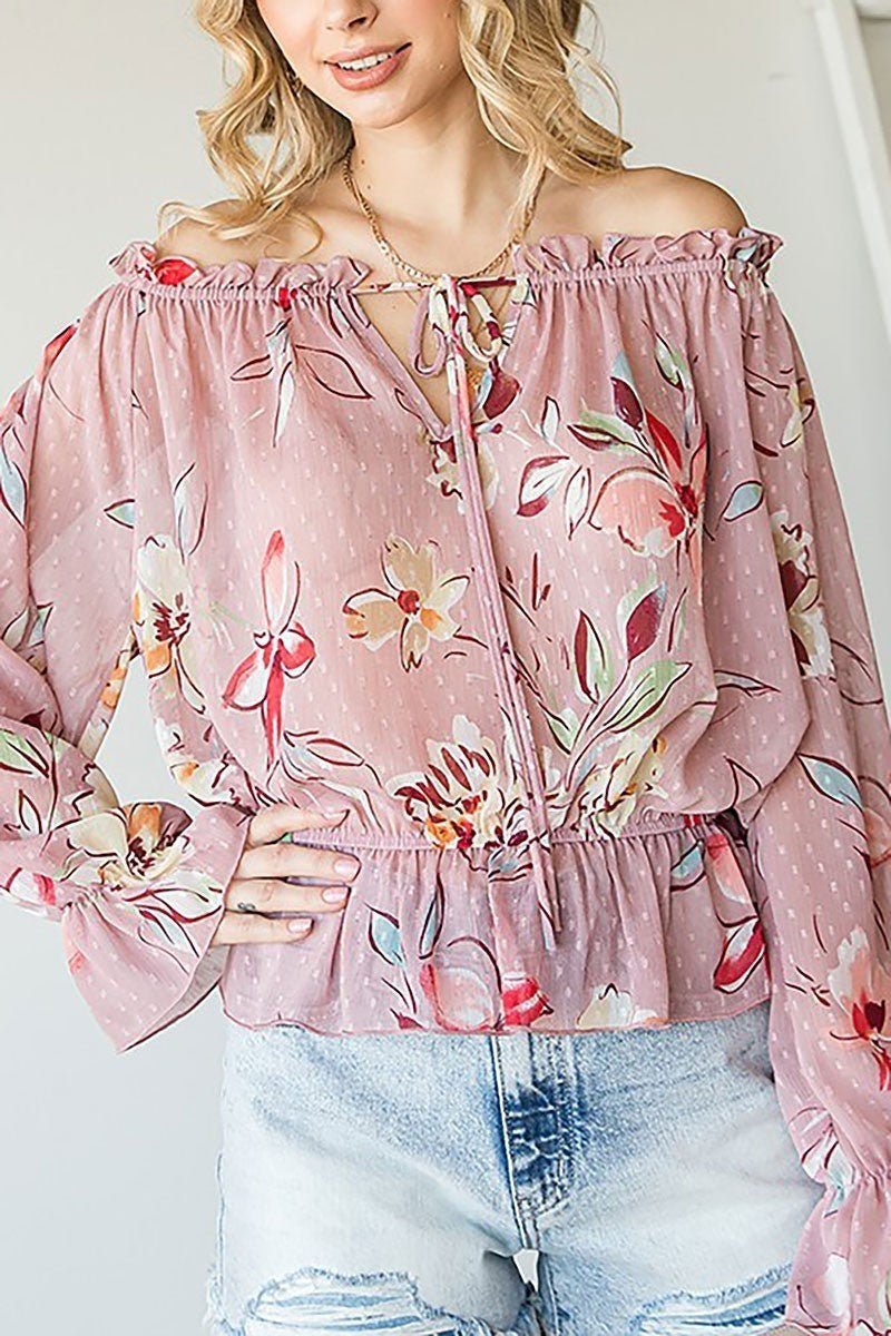 Floral Print Ruffle Sleeve Off Shoulder Top - Chandeliers Boutique ny