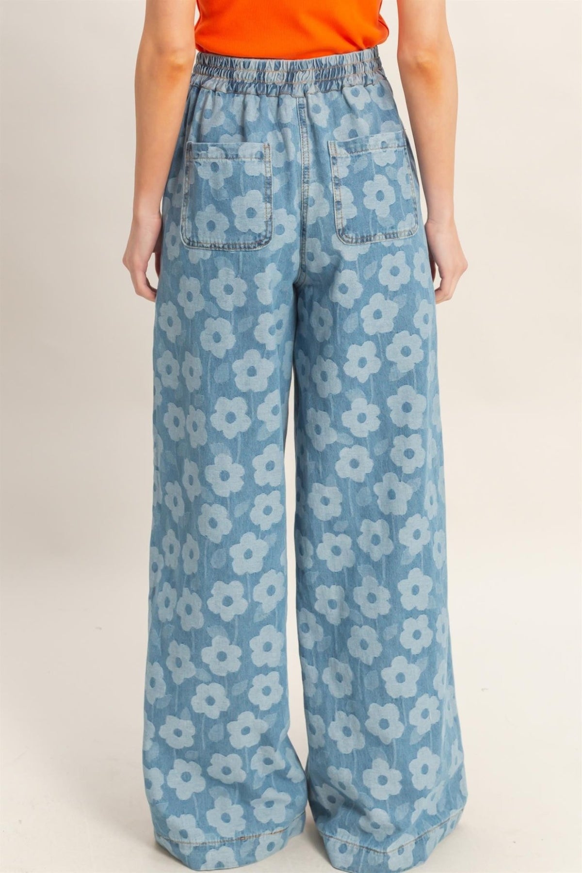 Floral Print Wide - Leg Pants - Medium Blue - Chandeliers Boutique ny