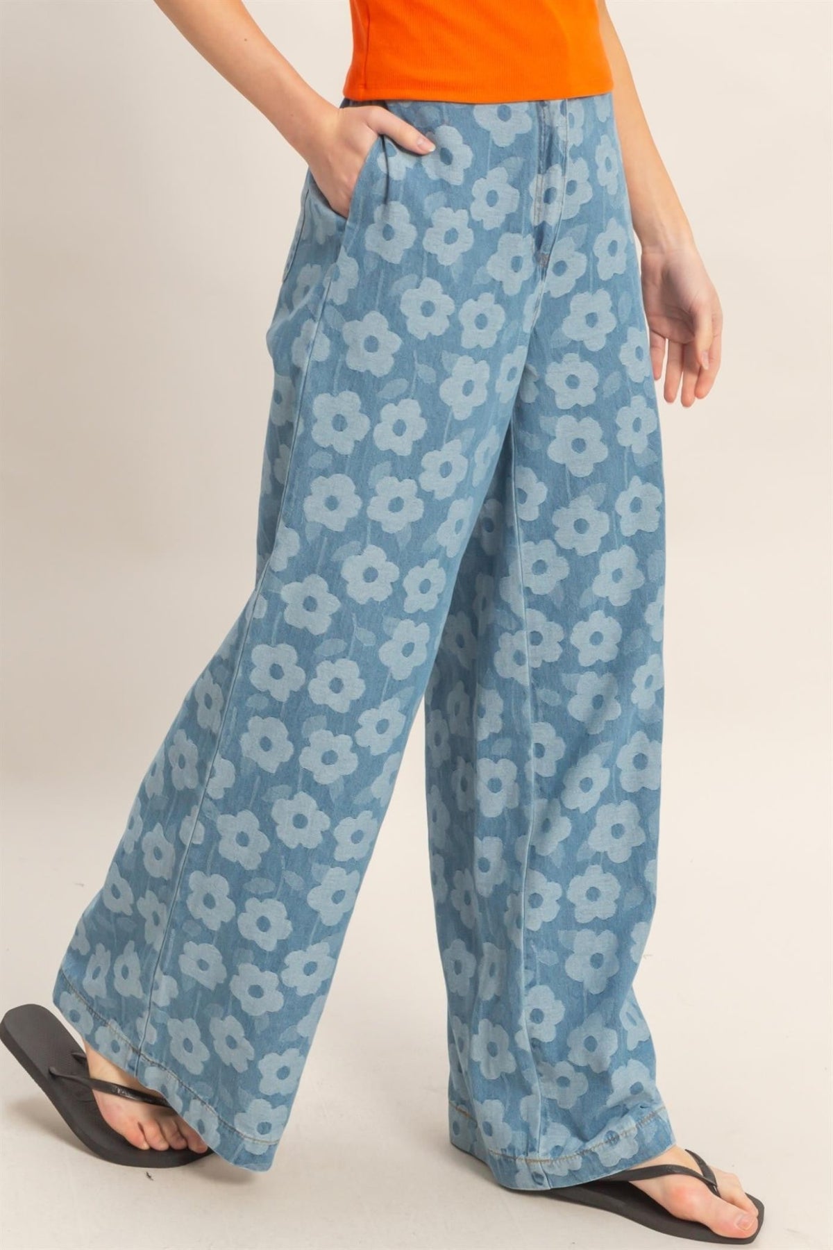 Floral Print Wide - Leg Pants - Medium Blue - Chandeliers Boutique ny