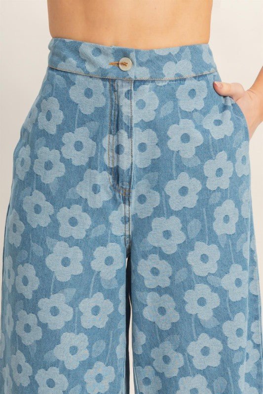 Floral Print Wide - Leg Pants - Medium Blue - Chandeliers Boutique ny