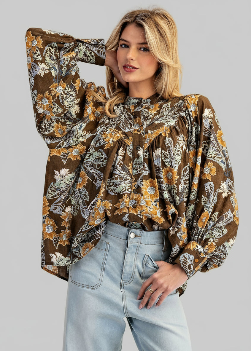 Floral Printed Button Down Shirt Top - Chandeliers Boutique ny