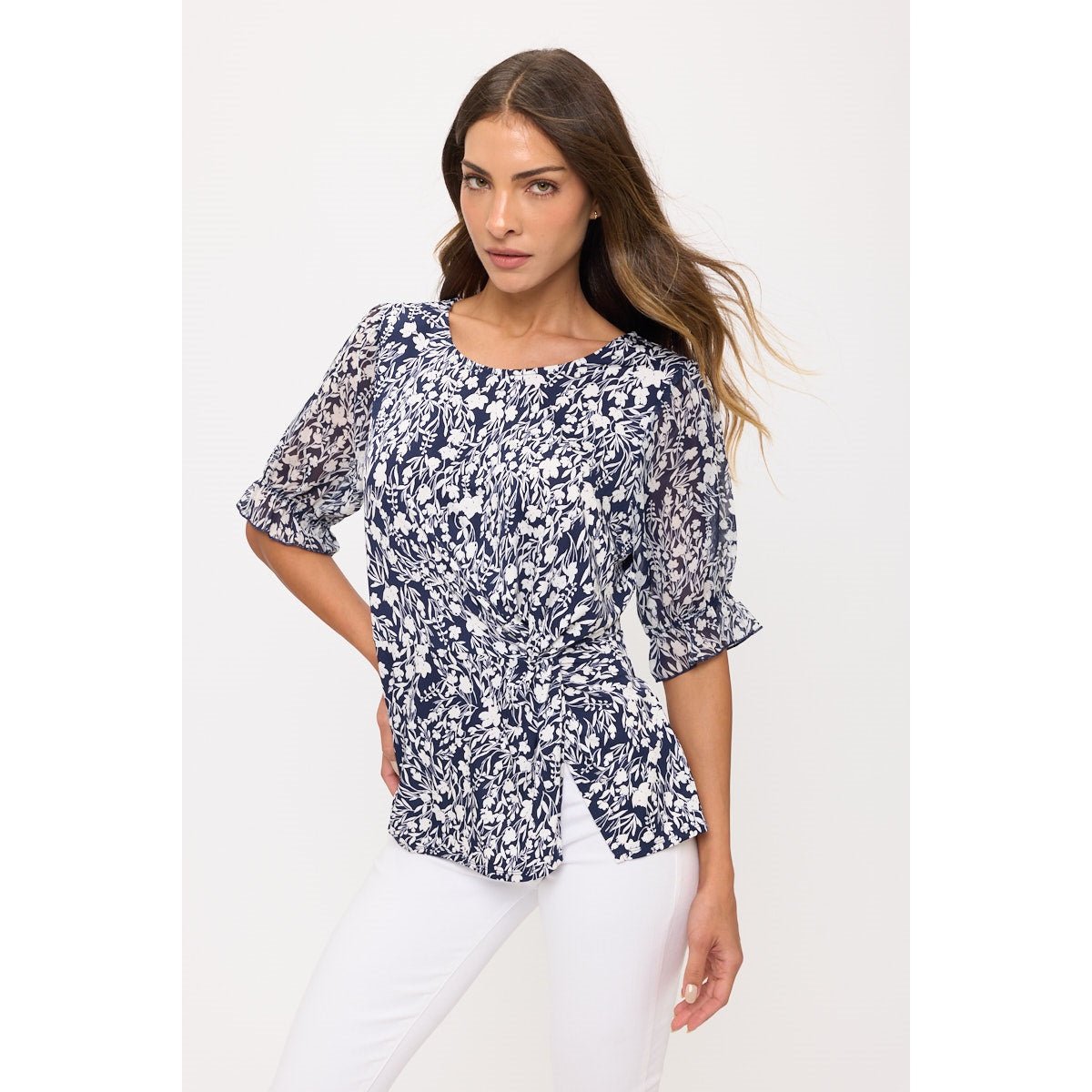 Floral Scoop Neck Twist Side Fashion Tee - Chandeliers Boutique ny