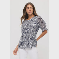 Floral Scoop Neck Twist Side Fashion Tee - Chandeliers Boutique ny