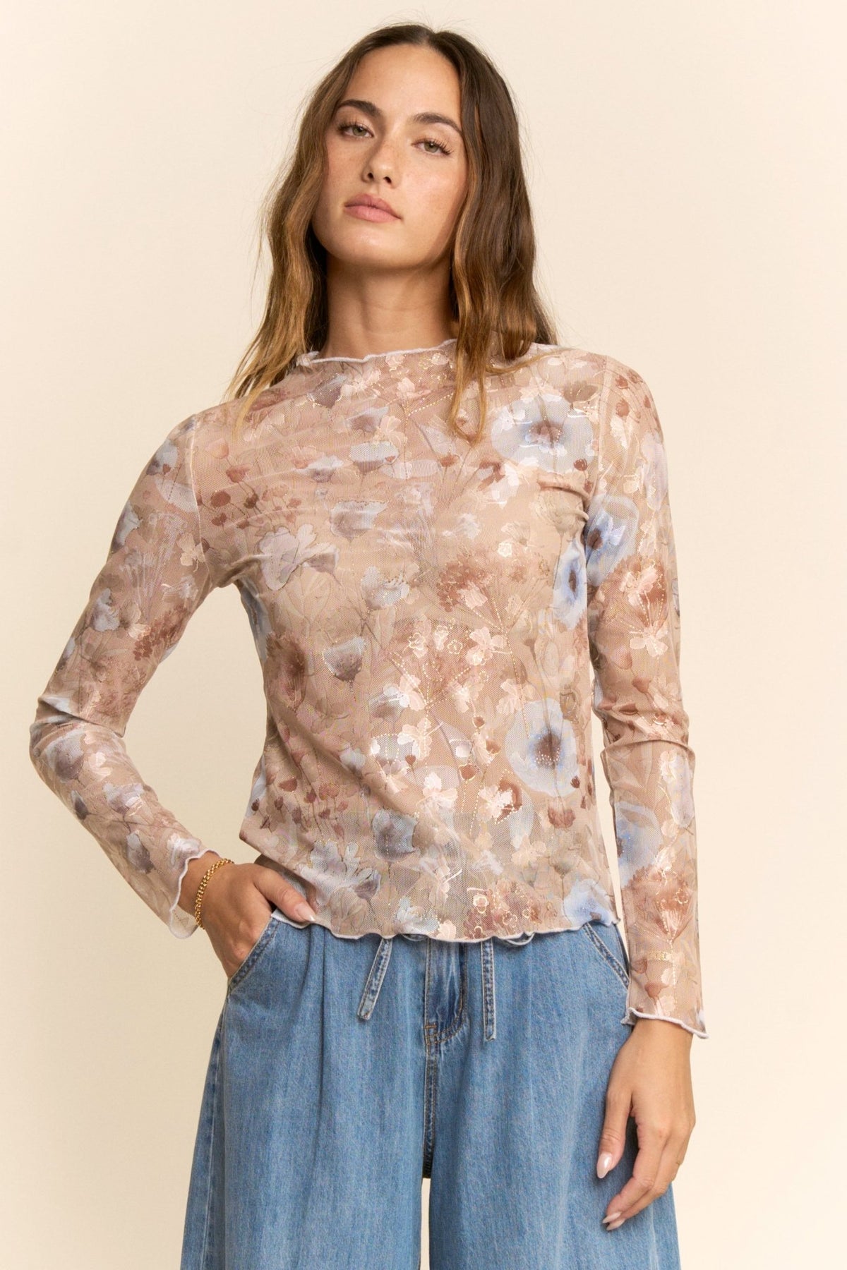 Floral Sheer Long Sleeve Mesh Top - Chandeliers Boutique ny