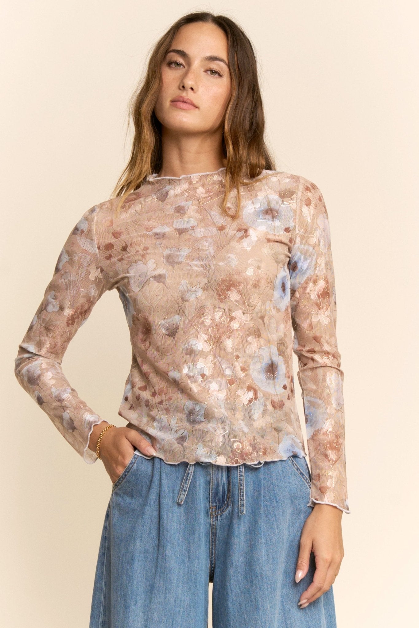 Floral Sheer Long Sleeve Mesh Top - Chandeliers Boutique ny