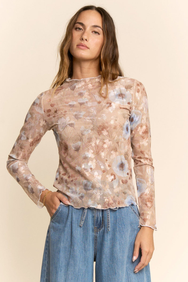 Floral Sheer Long Sleeve Mesh Top - Chandeliers Boutique ny