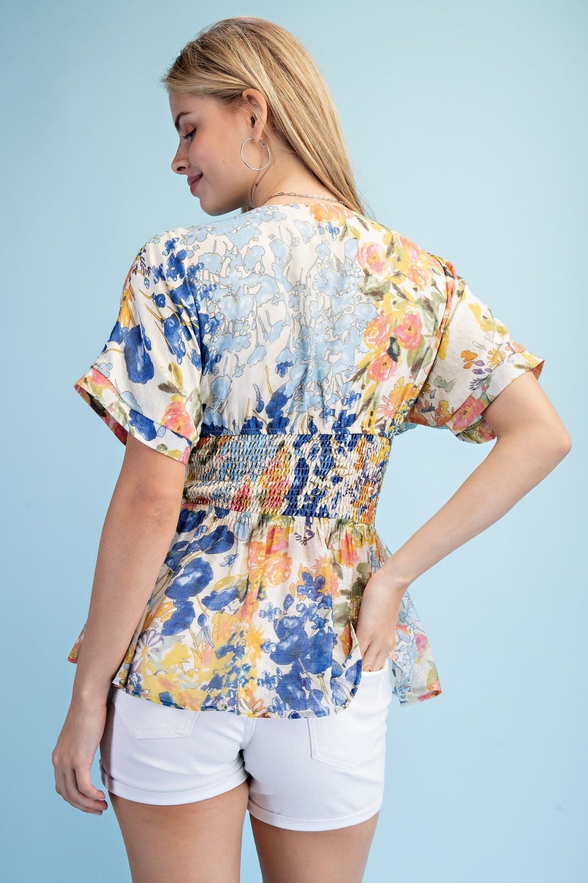 Floral Short Sleeve V - neck Blouse - Chandeliers Boutique ny