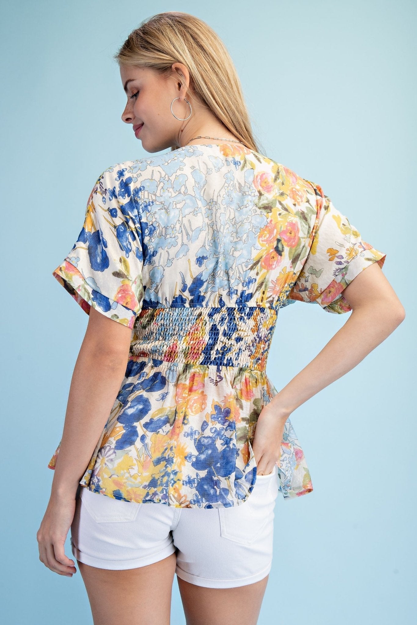 Floral Short Sleeve V - neck Blouse - Chandeliers Boutique ny