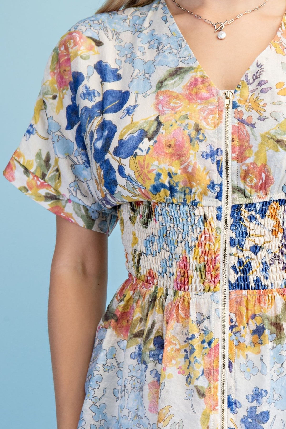 Floral Short Sleeve V - neck Blouse - Chandeliers Boutique ny