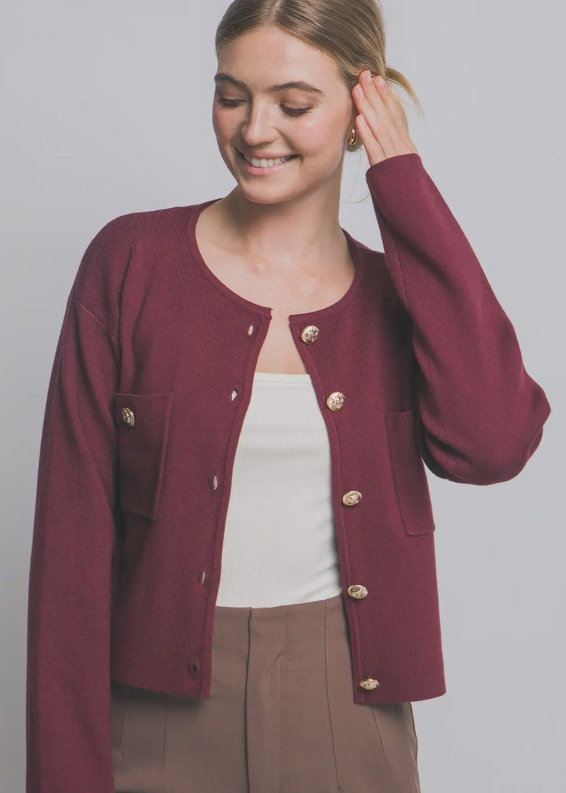 Front Pocket Cardigan w/ Gold Buttons - Chandeliers Boutique ny