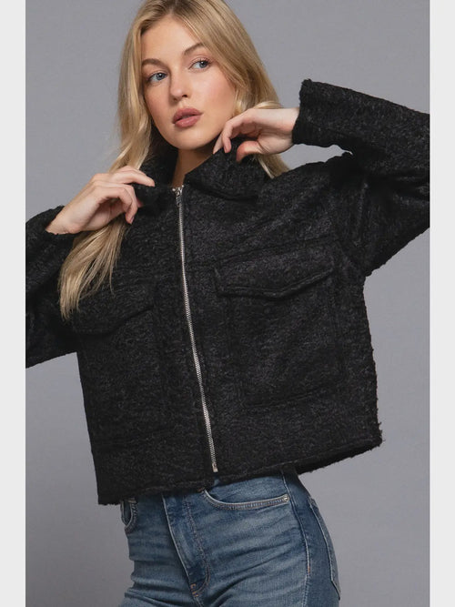 Front Zipper Closure Bounce Short Jacket - Chandeliers Boutique ny