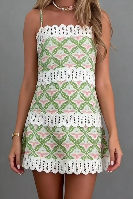 Geometric Print Strap Mini Dress - Chandeliers Boutique ny