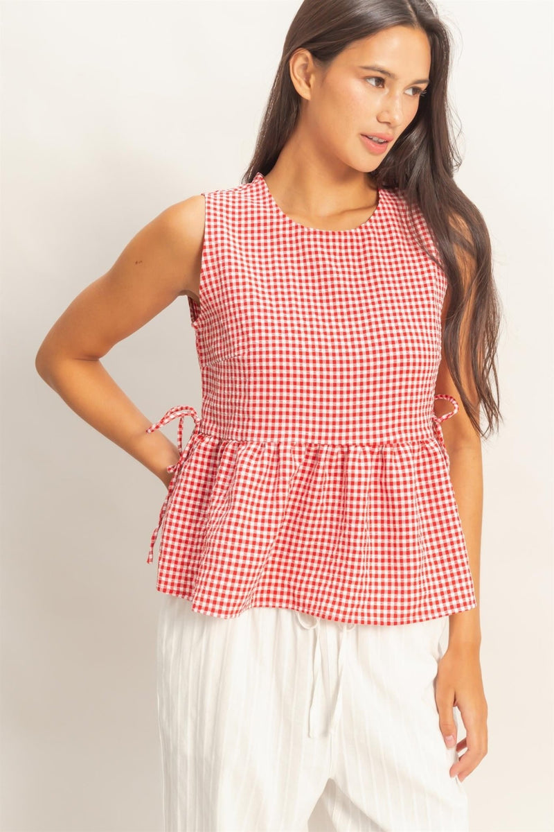 Gingham Sleeveless Peplum Top With Side Ties - Chandeliers Boutique ny