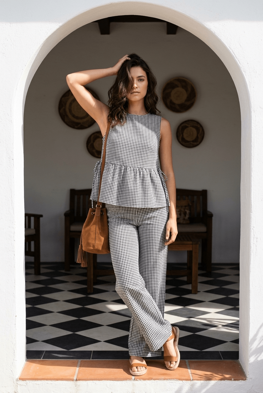 Gingham Sleeveless Peplum Top With Side Ties - Chandeliers Boutique ny