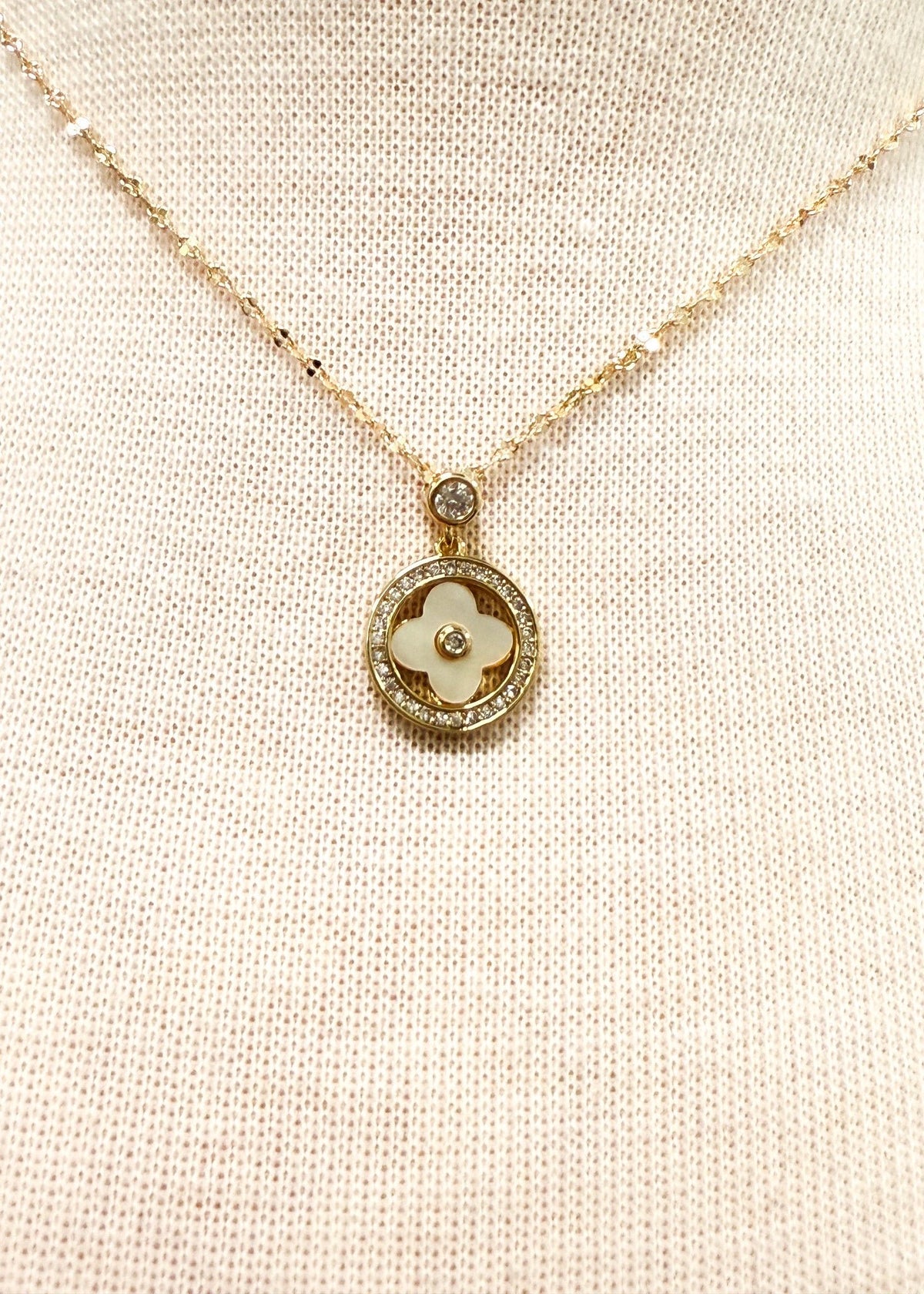Gold Dipped Clover Necklace - Tiny Enamel & Rhinestone Pendant - Chandeliers Boutique ny
