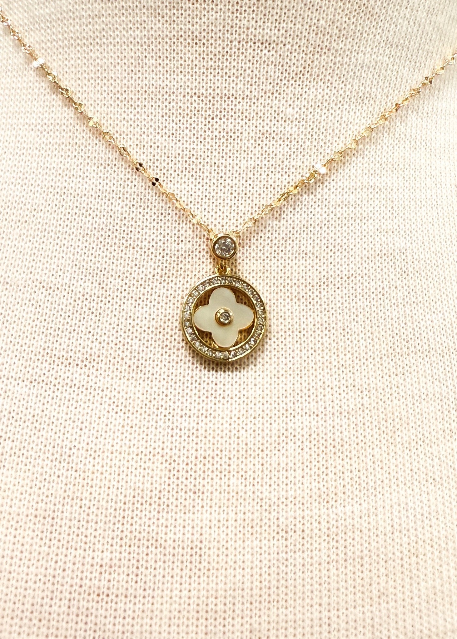 Gold Dipped Clover Necklace - Tiny Enamel & Rhinestone Pendant - Chandeliers Boutique ny