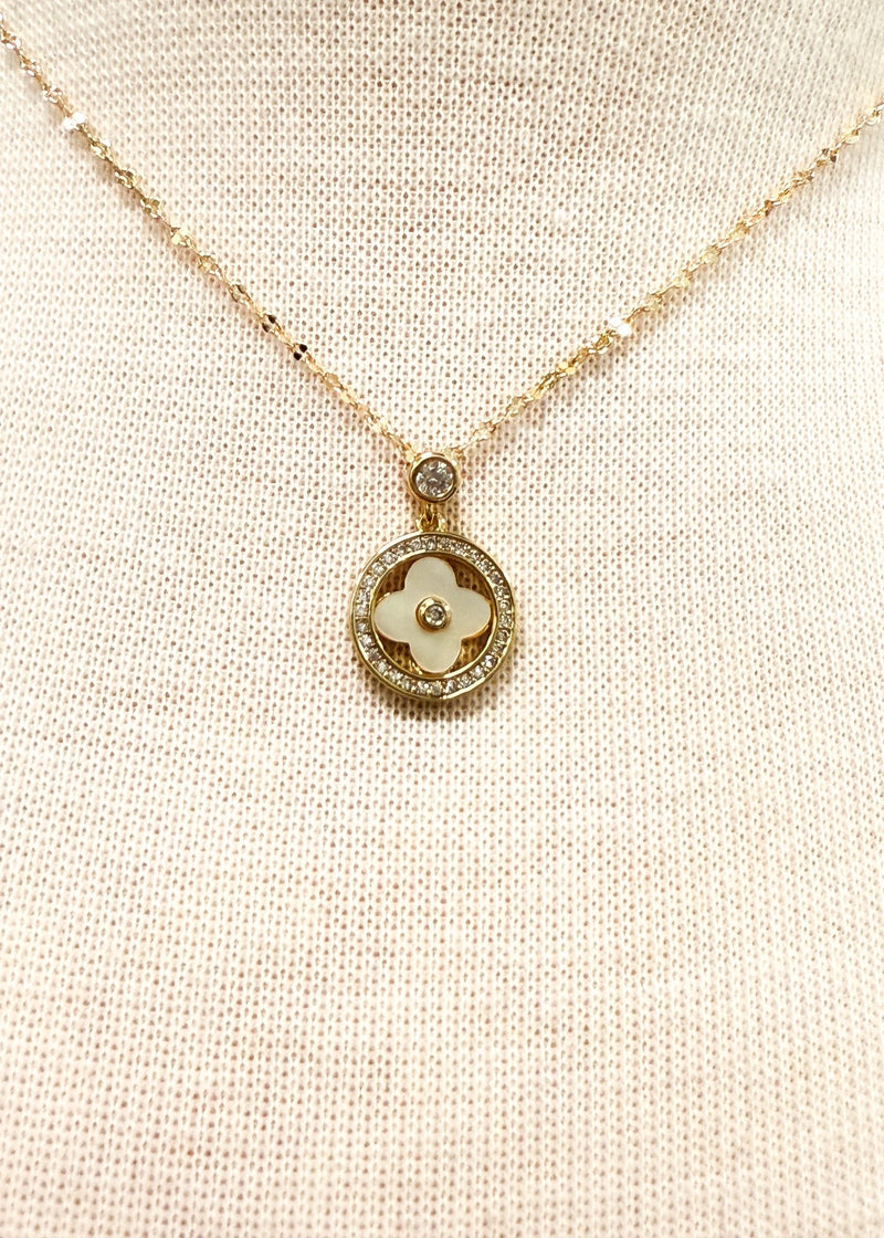 Gold Dipped Clover Necklace - Tiny Enamel & Rhinestone Pendant - Chandeliers Boutique ny