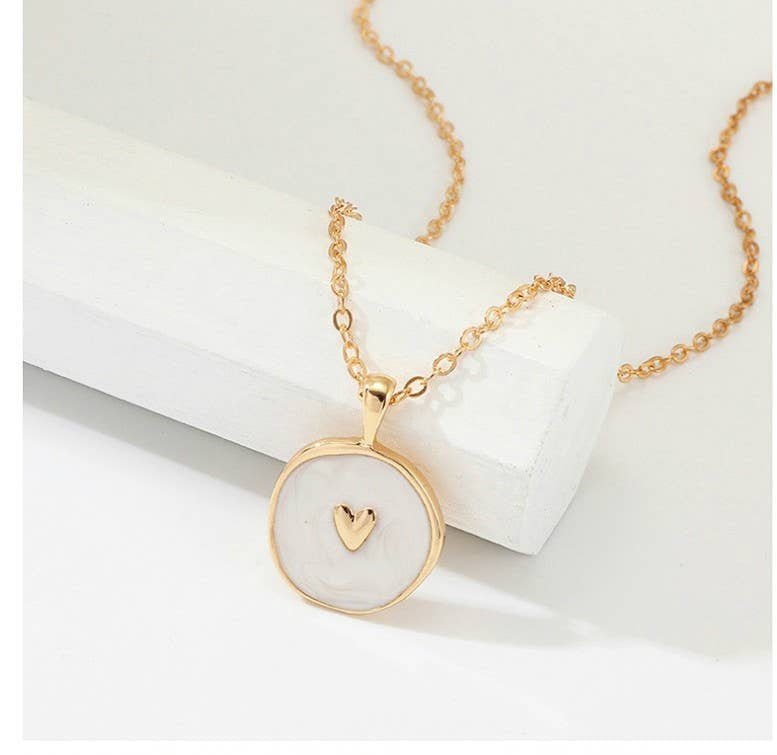 Gold Heart on White Enamel Necklace - Disc Pendant Necklace - Chandeliers Boutique ny