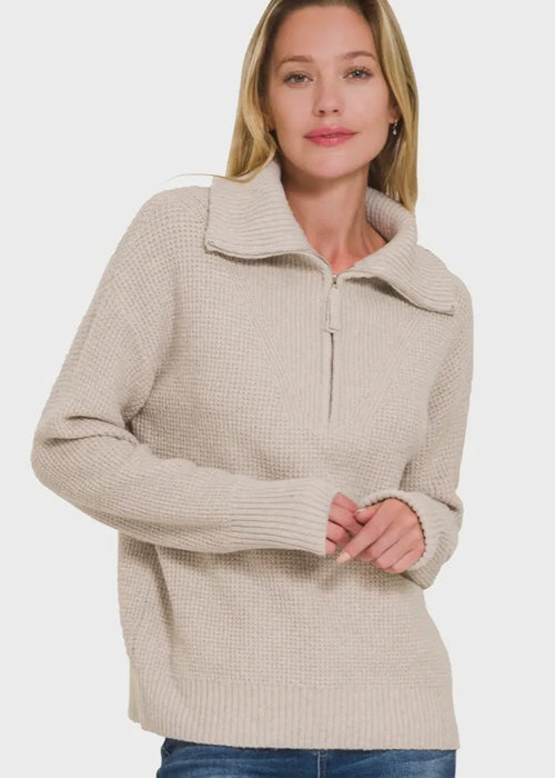 Half Zip High Collard Pullover Sweater - Chandeliers Boutique ny