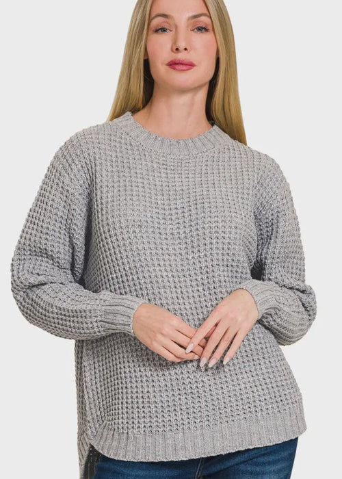 Hi Low Round Neck Waffle Sweater - Chandeliers Boutique ny
